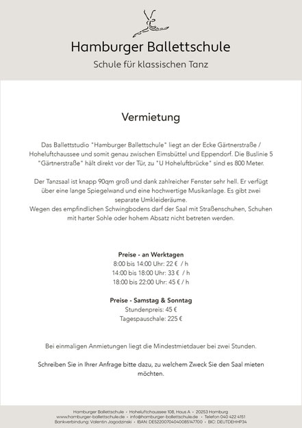 Hamburg hamburger Hoheluft Hoheluftchausee 108 Ballett Ballettkurs Ballettschule Tanzstudio Tanzsaal Vermietung