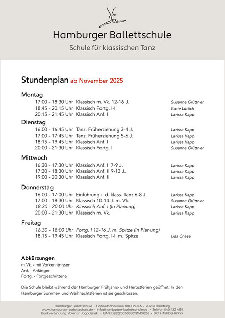  Hamburg hamburger Hoheluft Hoheluftchausee 108 Ballett Ballettkurs Ballettschule Stundenplan