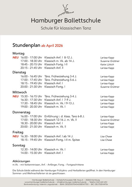  Hamburg hamburger Hoheluft Hoheluftchausee 108 Ballett Ballettkurs Ballettschule Stundenplan