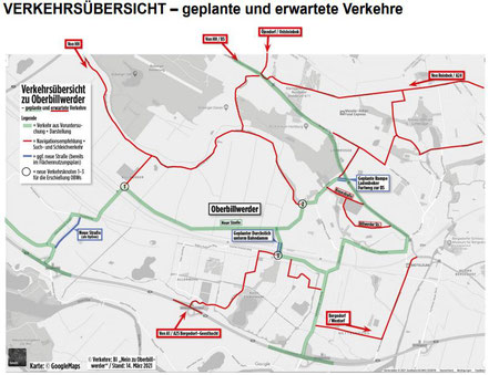 grün= geplante Verkehre / rot= erwartete Verkehre wg. Oberbillwerder