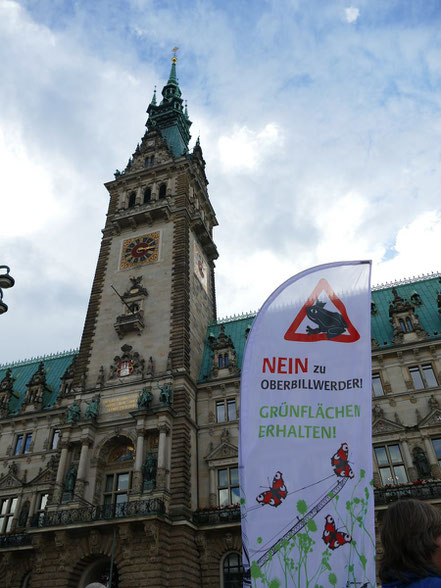 Hamburger Rathaus, davor Fahne "Nein zu Oberbillwerder - Grünflächen erhalten!"