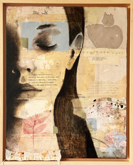 © Conni Altmann, Originalgemälde "Breathe", Mixed Media auf HDF mit Stoff und Kupferanhänger, gerahmt in einem Schattenfugenrahmen aus Lindenholz, ca. 44 x 54 x 3,5 cm