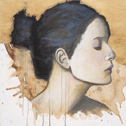 © Conni Altmann, Originalgemälde "A second wind", Mischtechnik mit Schlagmetall Gold auf Sperrholz, ca. 70 x 70 x 2 cm
