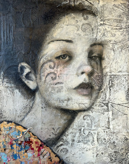 © Conni Altmann, Originalgemälde "Silently transforming into something new", Mixed Media Gemälde auf HDF, gerahmt ca. 44 x 54 x 3,5 cm