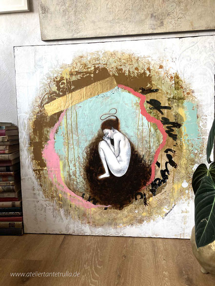 abstraktes Gemälde mit schlafendem Mädchen im Nest