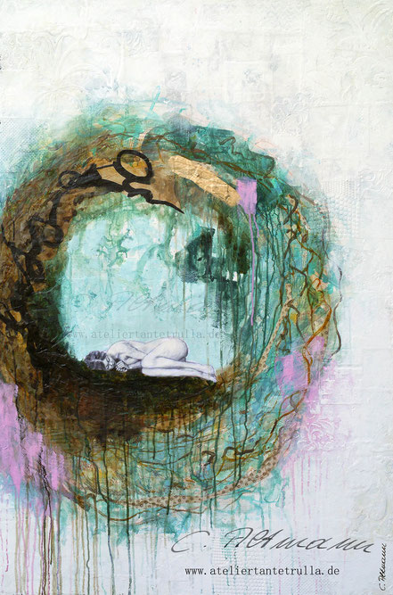 abstraktes Gemälde schlafendes Mädchen im Nest