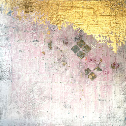 © Conni Altmann, Abstraktes Gemälde "Just beneath the surface", Mixed Media mit Schlagmetall gold auf Sperrholz, ca. 80 x 80 x 2 cm, www.ateliertantetrulla.de
