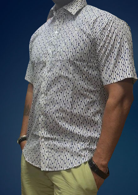A men's shirt featuring unique blockprinted fabrics with intricate designs and subtle colors. We offer a wide selection of blockprinting fabrics for men, tailored to your perfect fit. Visit our store in Connaught Lane, Delhi.