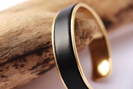 bracelet jonc, bracelet cuir, bracelet noir et or, noir et doré, bracelet soirée, bijoux de créateur