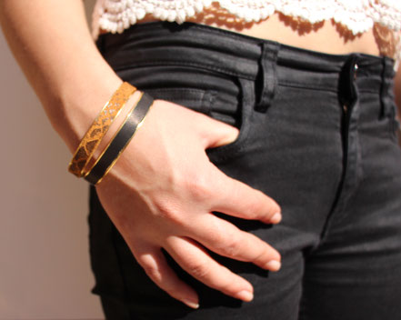 bracelet cuir noir, bracelet plaqué or, bracelet manchette, bracelet bangle, bracelet noir et doré