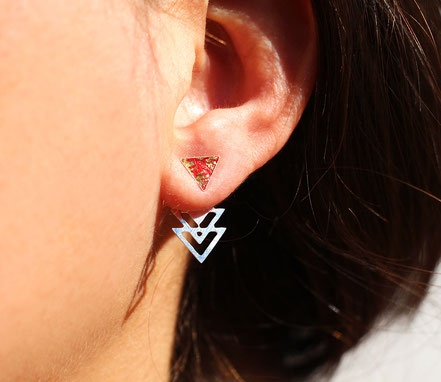 bijoux de lobe, boucles d'oreille triangle, boucle de lobe, bijoux géométrique, boucles d'oreille cuir, ear cuff, boucles d'oreille puce triangle, noir et argenté, boucles d'oreille devant-derrière
