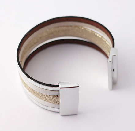 bracelet manchette cuir, blanc et argenté, bracelet large, bracelet multirangs cuir, bracelet soirée, créateur bijoux cuir