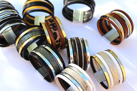 bracelet manchette cuir, blanc et argenté, bracelet large, bracelet multirangs cuir, bracelet soirée, créateur bijoux cuir