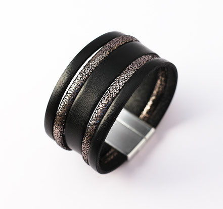 bracelet manchette de soirée, noir et argent, bracelet de créateur original, bracelet multirang, bracelet moderne élégant