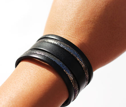 bracelet manchette de soirée, noir et argent, bracelet de créateur original, bracelet multirang, bracelet moderne élégant