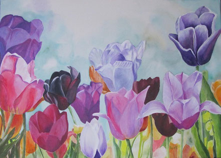 Tulpen in pink und violett,   Acryl auf Keilrahmen