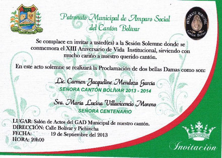 Invitación al acto conmemorativo de aniversario del Patronato Municipal de Amparo Social del Cantón Bolívar, Ecuador.