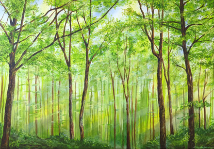 Acrylbild "Waldbaden": frischer grüner Wald mit Lichteinfall von links, Büsche am Boden