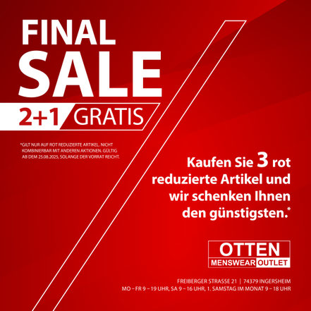 Kaufen Sie 3 rot reduzierte Artikel und wir schenken Ihnen den günstigsten* Otten Menswear Outlet,  ab 28.08.2025.*  Outlets Ingersheim, Freiberger Str. 21, 74379 Ingersheim, Digel, Anzüge, www.outlets-ingersheim.de