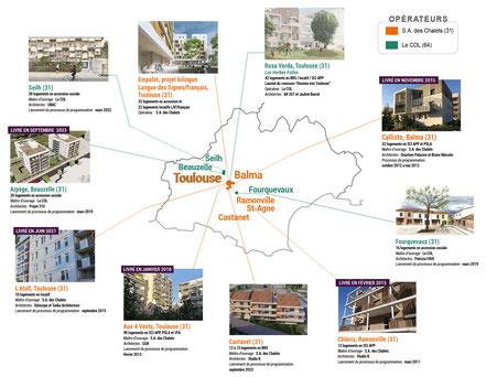 Carte des projets d'habitat participatif autour de Toulouse accompagnés par Faire-Ville - accession de logement, appartement