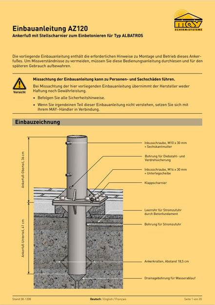 Installationsanleitung Deutsch zu may Ankerhülse ALBATROS AZ 120 Ankerfuß zweiteilig zu Großschirm