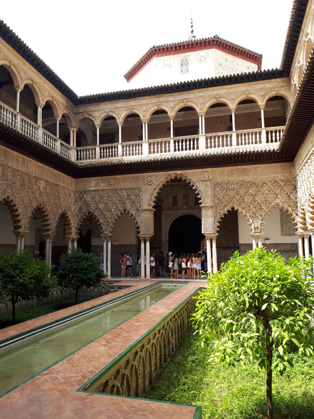 Main Patio in the foreground and "ambassadors reception hall" in the background in the Real Álcazar