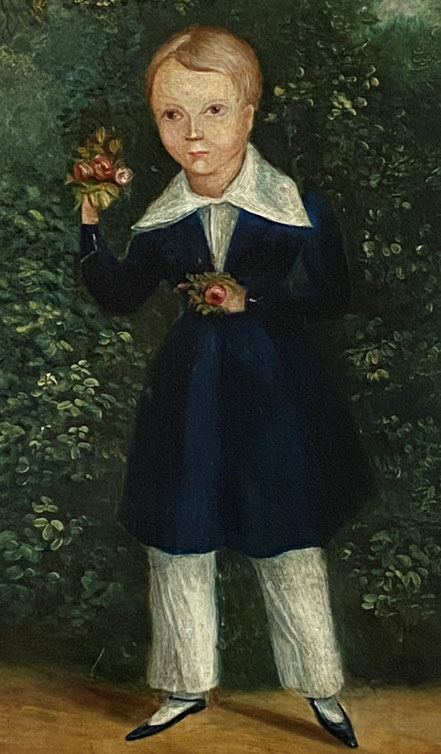 Naive oil of a young boy holding roses c1820