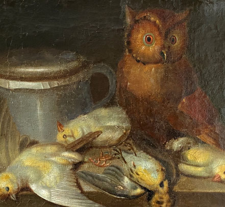 French folk art oil on canvas: owl, pigeons and jug.  Late 19th/early 20th century.