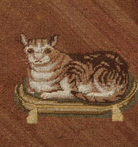 19th century Petit Point Woolwork of a Cat sat of a Cushion