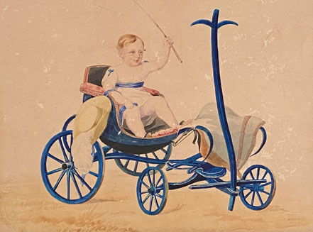 Naive Watercolour: child in dog cart 1846