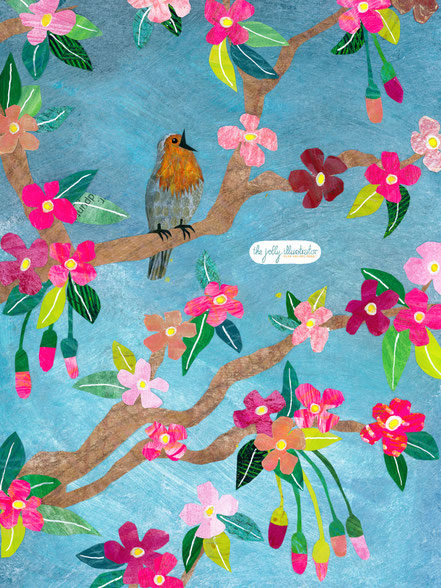 collage illustration of a singing Robin surrounded by cherry blossom. Made by Amsterdam based illustrator Elze van den Akker aka the jolly illustrator
