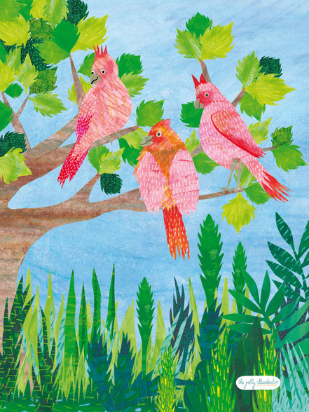 Northern male Cardinals. Papercut from pre-painted Papers. Part of the pink-in-green collection. Illustration art by the jolly illustrator. Amsterdam based artist