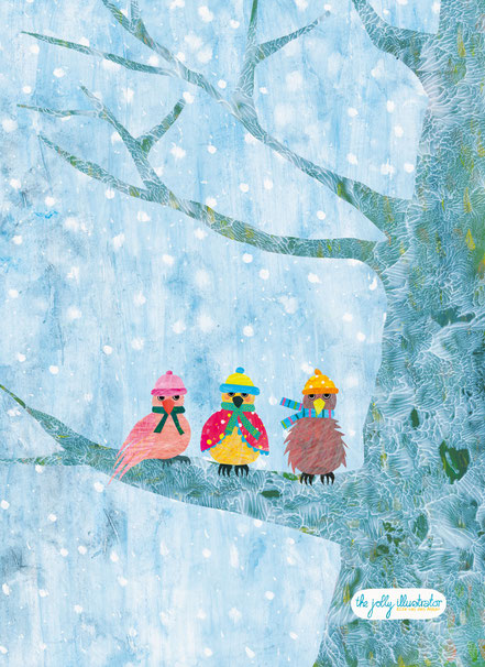 Three birds on frosted branches, papercut from pre-painted papers. Winter illustration by the jolly illustrator. Licensing art with theme Christmas