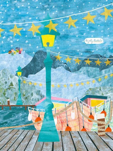 Festive winter harbour, papercut from pre-painted papers, Christmas illustration by the jolly illustrator aka Elze van den Akker