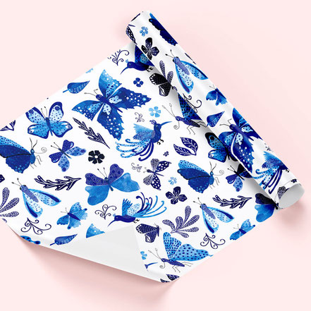 Delft blue pattern with butterflies, flowers and paradise birds. Imaginative collage surface pattern design by the jolly illustrator