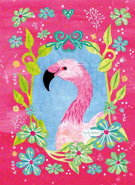 Decorative Flamingo, Papercut collage illustration by Elze van den Akker, the jolly illustrator. Available for licensing