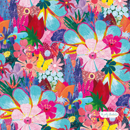 paper-cut pattern of abundant, very colorful flowers and a yellow beetle and butterfly. made by the jolly illustrator