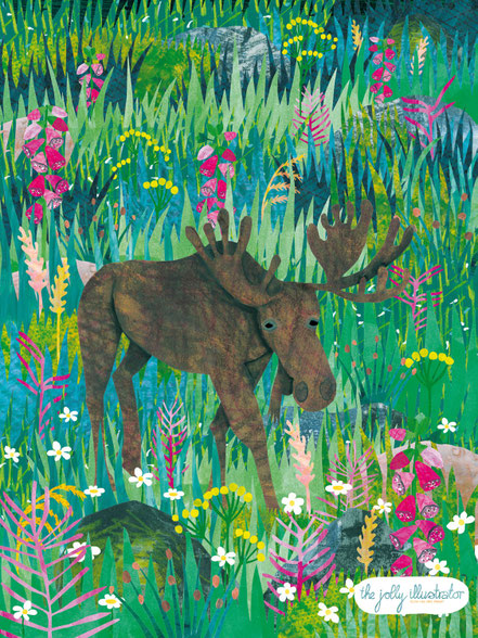 Moose in a field, placement illustration by the jolly illustrator. Papercut for licensing