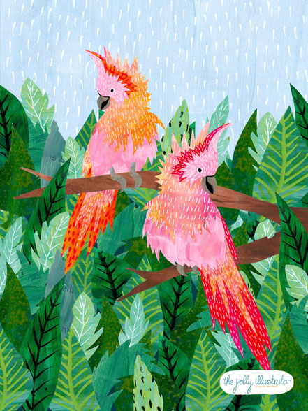Two pink parrots in the top of the trees, licensing art by the jolly illustrator