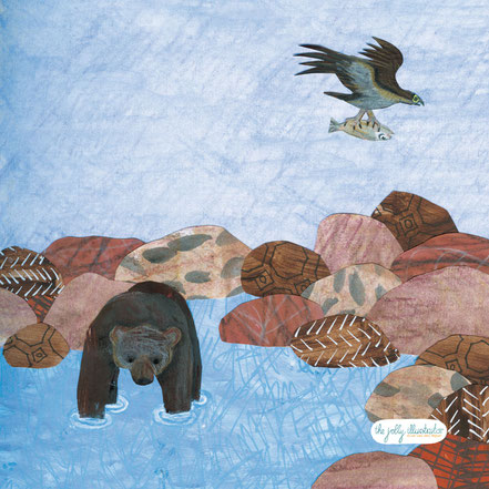 The Bear & the Eagle, storytelling illustration by the jolly illustrator. Collage animal art