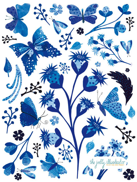 Delft blue, chinois butterfly papercut illustration by the jolly illustrator/ Elze van den Akker. licensing art
