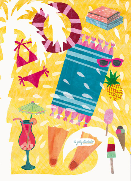 Summer. Bikini, palmtree, beach towel, sunglasses, books icecream, cocktail and ananas. Papercut collage illustration by the jolly illustrator/ Elze van den Akker. licensing art