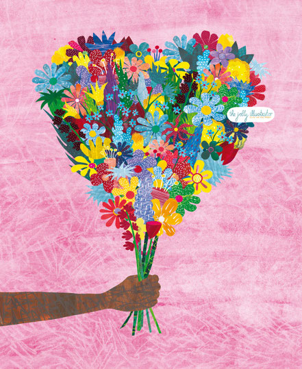Delivering joy through flowers, papercut from hand-painted papers.  heartshaped flowers with pink background. Greeting card design by the jolly illustrator. 
