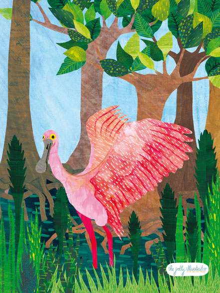  Roseate Spoonbill in the mangrove . Papercut illustration by the jolly illustrator.