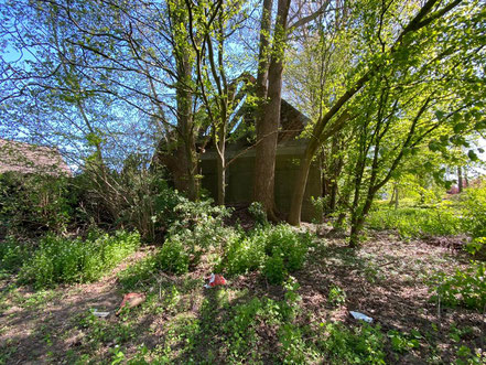 Blick von der Straße Krumme Schinkel: Der Bunker in Bremen-Kattenturm ist zugewachsen (Foto: 04-2020, Jens Schmidt)