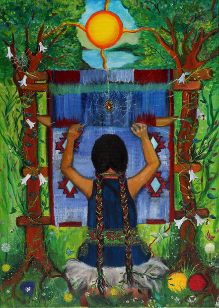 Llalin Kushe, Paz Treuquil. abuela araña, hilandera, cosmovision mapuce, tejedora mapuche, mapuche cosmovision, native art