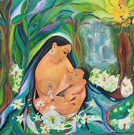  Flor de leche, lactancia, maternidad, cuadros en venta on line, Paz Treuquil, arte indigena, pintura al oleo,continuum, amor de madre, abejas, nectar, casilda Rodrigañez, 