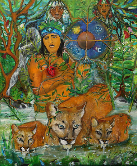 pangui , puma  , wentru mapuche , lonko , newen, cosmovisión mapuche, arte indígena, Paz Treuquil, Kultrun, chamán, shaman