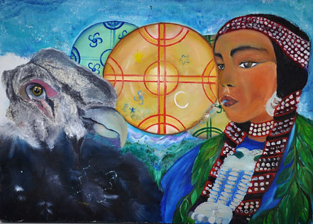 neyen manke, cosmovisión mapuche, kultrun, condor, chamanismo femenino, chamana, canto armonico, pintura al oleo, Paz Treuquil, 