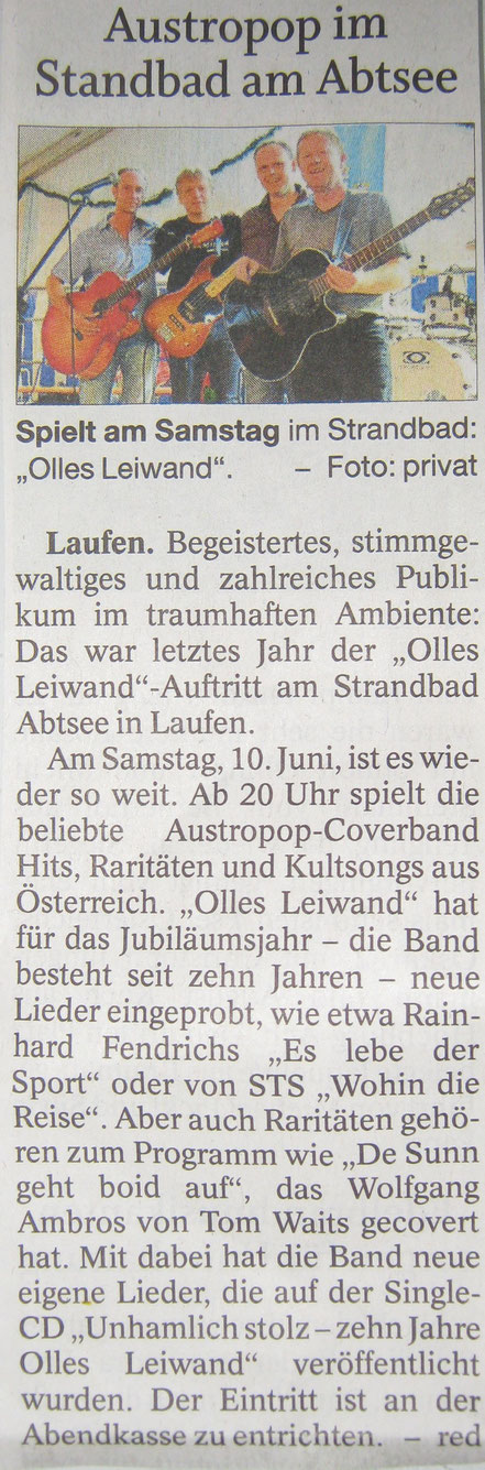 Olles Leiwand im Freilassinger Anzeiger: Ankündigung für das Open Air am Abtsee